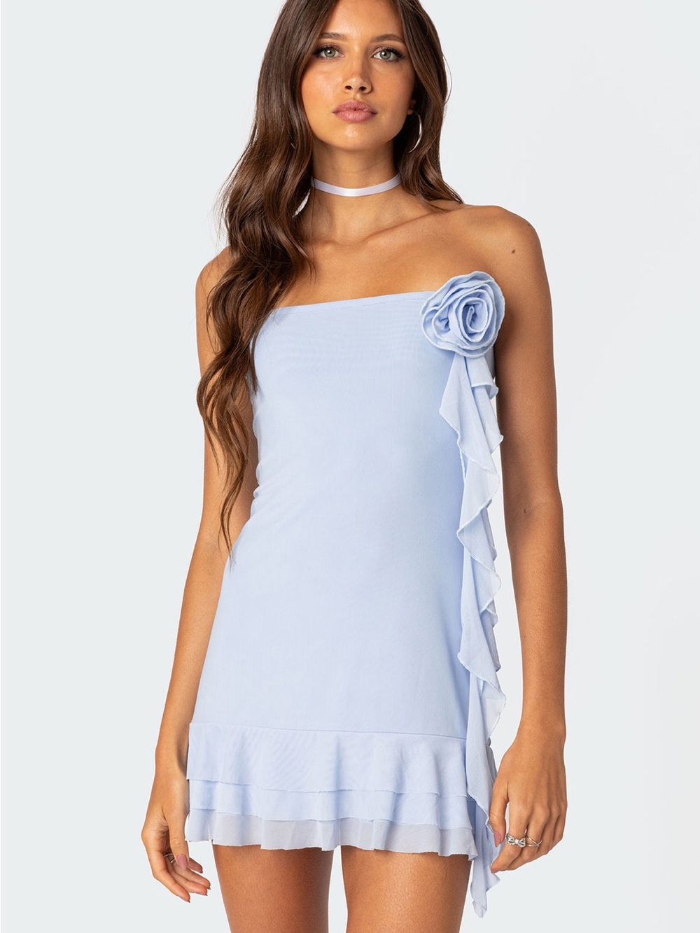 Edikted - Thalia Flower Pin Ruffle Mini Dress, Light Blue, Size S